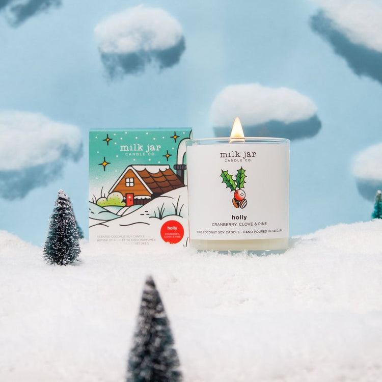 Holly Candle Cranberry Clove Pine Milk Jar